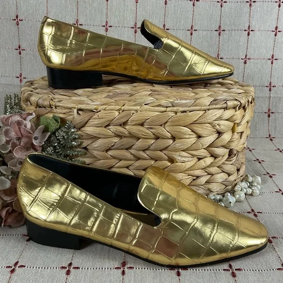SCHUTZ “Flor” Metallic Gold Leather Crocodile Embossed Loafer Flats Size 6 New - Picture 6 of 8